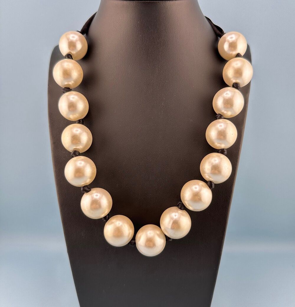 Vintage Chunky Faux Pearl Bead Necklace Black Satin Ribbon White Bauble